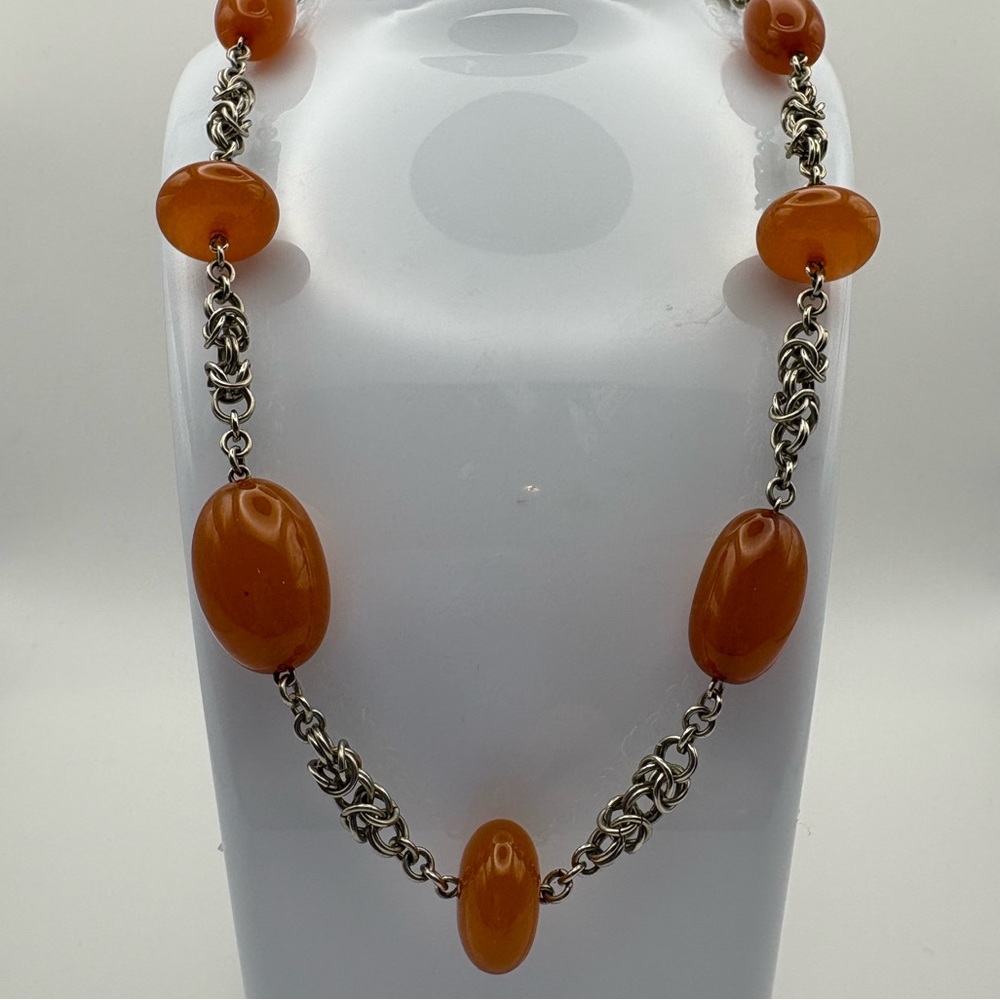 Vintage Amber-Look Resin and Silver-Tone Chain Link Necklace – 28”